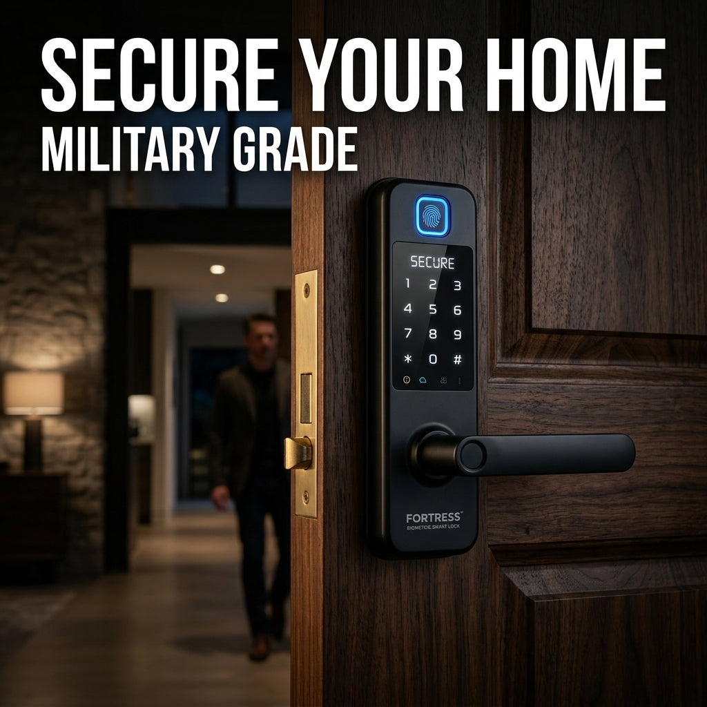 Fortress Biometric Smart Lock installed on a premium wooden door