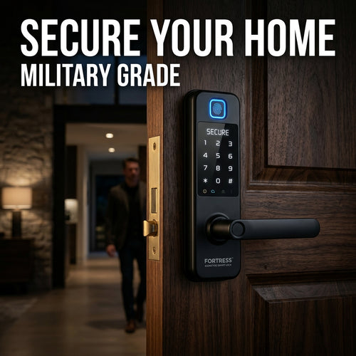 Fortress Biometric Smart Lock installed on a premium wooden door