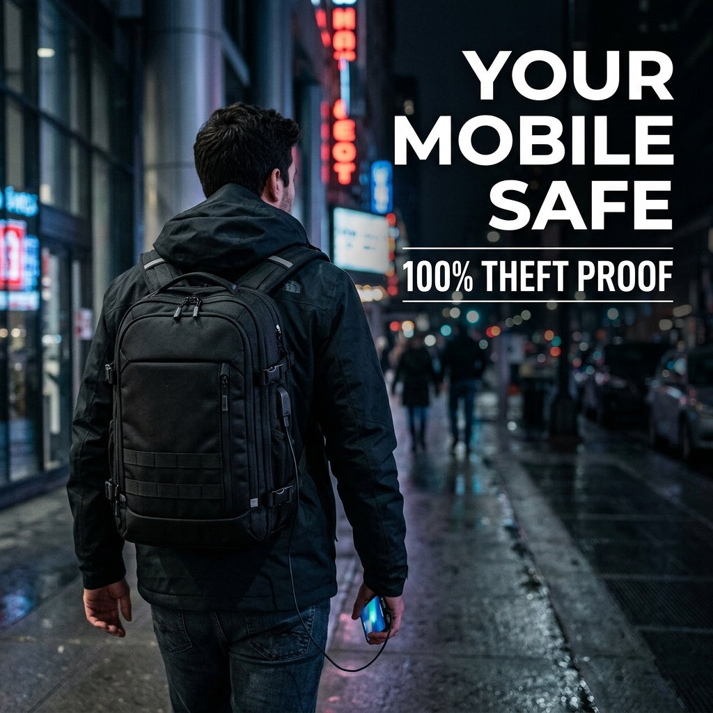 UrbanSafe Anti-Theft Smart Backpack in a city at night
