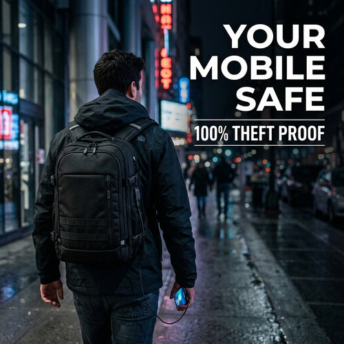 UrbanSafe Anti-Theft Smart Backpack in a city at night